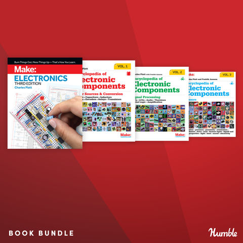 A hand holds a circuit board near book covers, showcasing a DIY electronics bundle with topics on components and sensors.